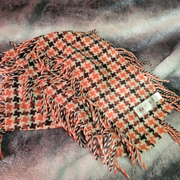 Vintage Kestrel Wool Woven Scarf Fringe Houndstooth Orange Brown Unisex - Picture 2 of 3